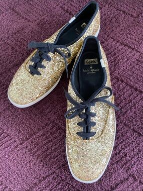 KEDS kate spade Gold Glitter Lace-Up Sneakers with Black Trim